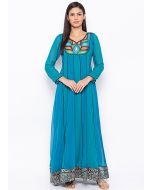 Blue Readymade Embroidered Long Anarkali Kurta Set