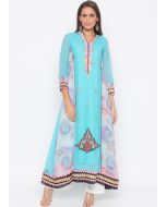 Blue Printed Readymade Long Kurta Set In Georgette