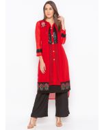 Readymade Red Embroidered Kurta Set In Georgette