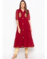 Red Readymade Tiered Kurta Set In Georgette