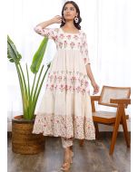 White Tiered Kurta With Pant In Hand Block Print