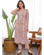 Readymade White Kurta With Pant In Hand Block Print