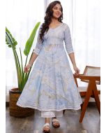 Blue Printed Flared Style Kurta With Pant