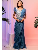 Blue Embroidered Top Palazzo With Draped Dupatta