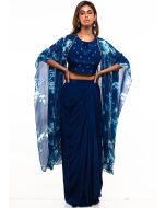 Blue Embroidered Cape Style Draped Skirt Set