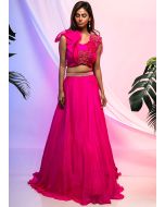 Readymade Pink Embroidered Chiffon Skirt Set & Dupatta