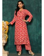 Orange Readymade Printed Kurta Set In Cotton