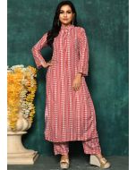 Red Readymade Digital Print Kurta Set In Cotton