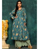 Green Readymade Floral Print Cotton Kurta Set