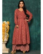 Red Readymade Bandhej Printed Kurta Set In Cotton