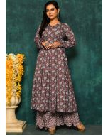 Brown Readymade Floral Printed Kurta Set In Cotton