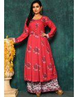 Red Floral Readymade Kurta Set In Cotton Silk