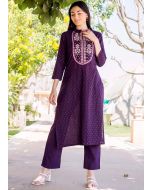 Purple Embroidered Readymade Cotton Kurta Set