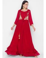 Readymade Red Embroidered Jacket Style Kurta Set