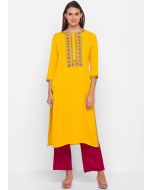 Readymade Yellow Rayon Embroidered Kurta & Palazzo