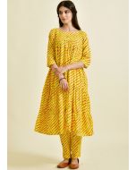 Readymade Yellow Kurta Set In Leheria Print