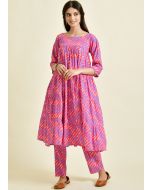 Pink Leheria Printed Tiered Kurta Set