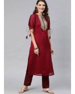 Maroon Readymade Embroidered Kurta Set