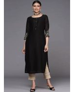 Black Embroidered Kurta Pant Set In Dupion Silk