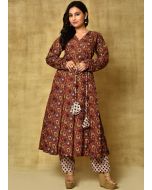 Brown Digital Floral Printed Flared Kurta Set