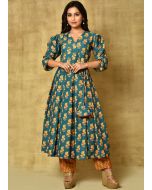 Green Flared Kurta Set In Digital Floral Print