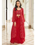 Red Embroidered Jacket Style Top & Skirt Set