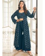 Blue Sequins Embellished Jacket Style Top & Gharara Set