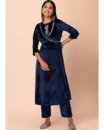 Blue Readymade Velvet Long Kurta & Pant