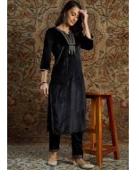 Black Readymade Embroidered Kurta Set