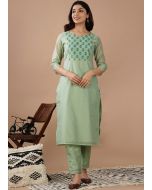 Green Hand Block Printed Straight Cut Suit