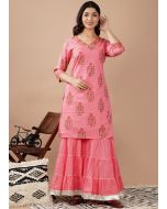 Pink Hand Block Printed Kurta With Sharara