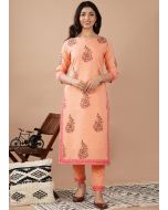 Peach Hand Block Printed Suit & Pant