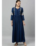 Navy Blue Embroidered Kurta With Churidar In Rayon