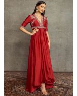 Red Embroidered Asymmetric Kurta & Pant