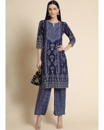 Blue Viscose Printed Kurta Pant Set