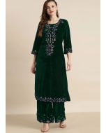 Green Embroidered Kurta Set In Velvet