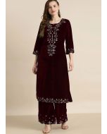 Maroon Embroidered Kurta & Palazzo In Velvet