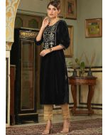 Black Straight Cut Kurta Set In Velvet