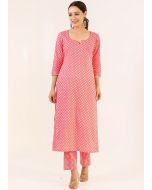 Pink Printed Cotton Kurta And Pant