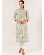 White Printed Kurta & Pant In Cotton