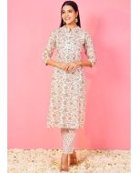 White Cotton Kurta & Pant In Printed Work