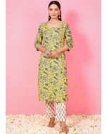 Yellow Readymade Pant & Kurta In Floral Print