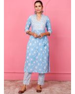 Blue Cotton Straight Cut Pant & Kurta