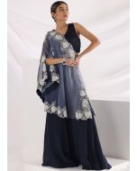 Navy Blue Embroidered One Shoulder Cape Pant Set