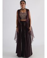 Brown Embroidered Skirt Set With Jacket