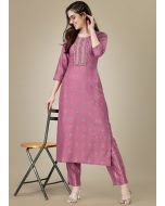 Readymade Pink Printed Rayon Kurta Set