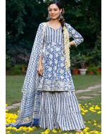 Blue Cotton Kurta Set In Floral Printed