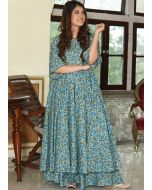 Readymade Blue Palazzo Set In Digital Floral Print