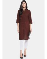 Brown Plain Front Buttoned Kurta Set