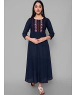 Navy Blue Embroidered Rayon Kurta Set